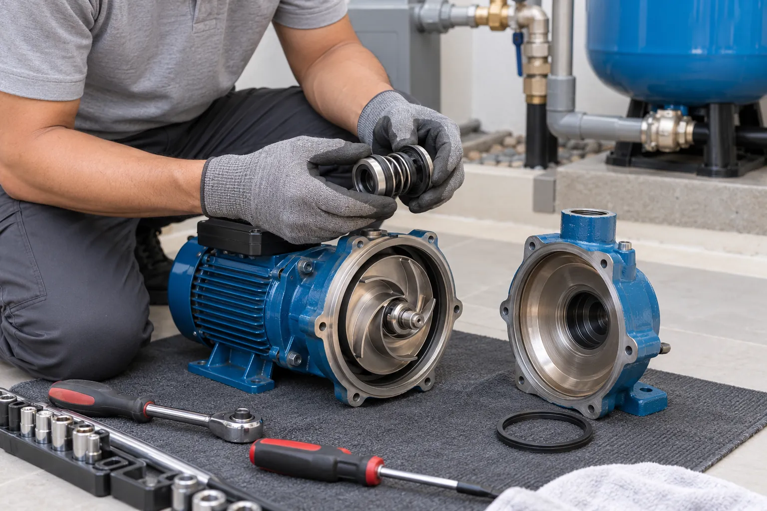 Technician repairing an opened centrifugal water pump with the impeller housing removed