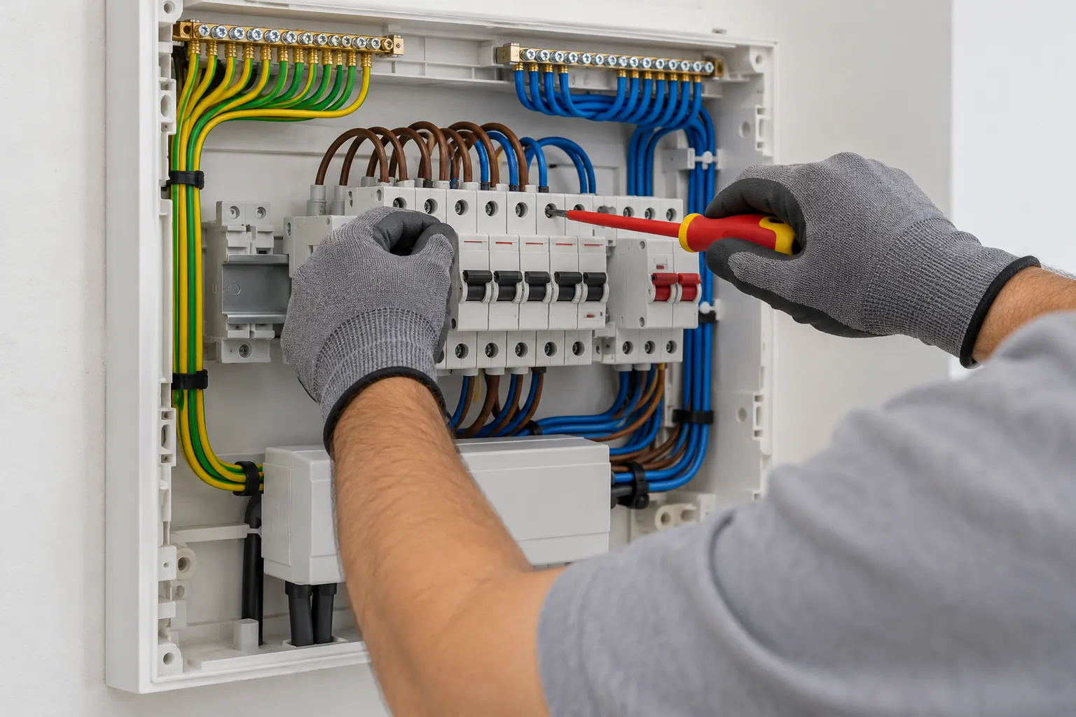 Electrician working on circuit breakers inside a domestic distribution board