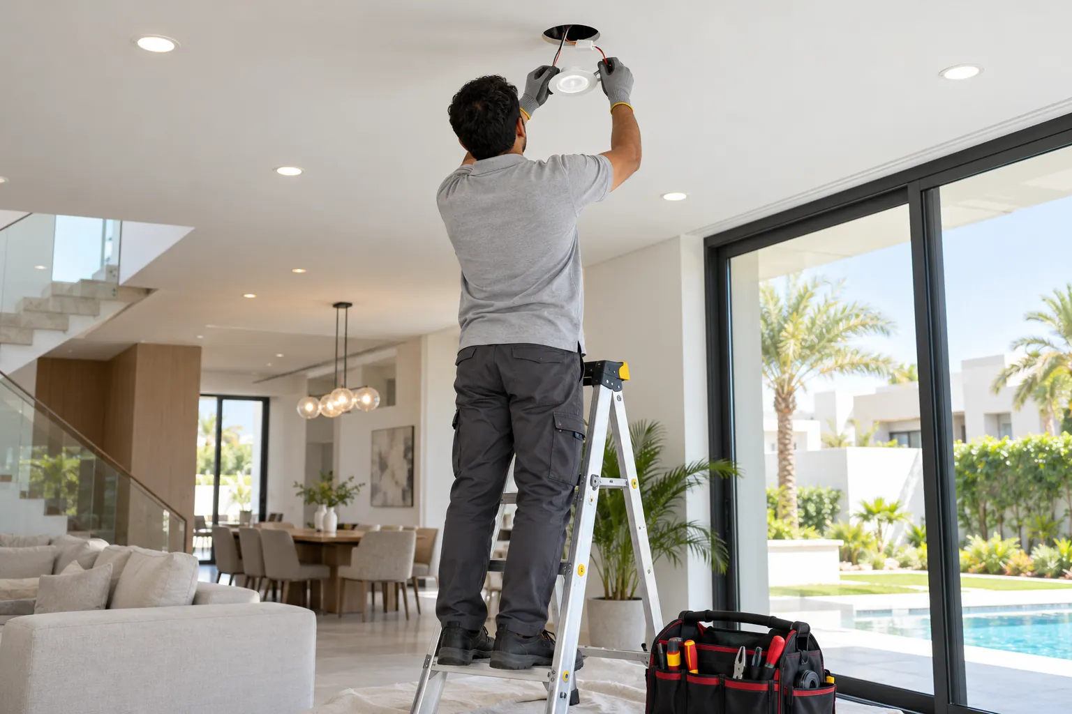 Electrician on a ladder installing LED downlights in a villa ceiling