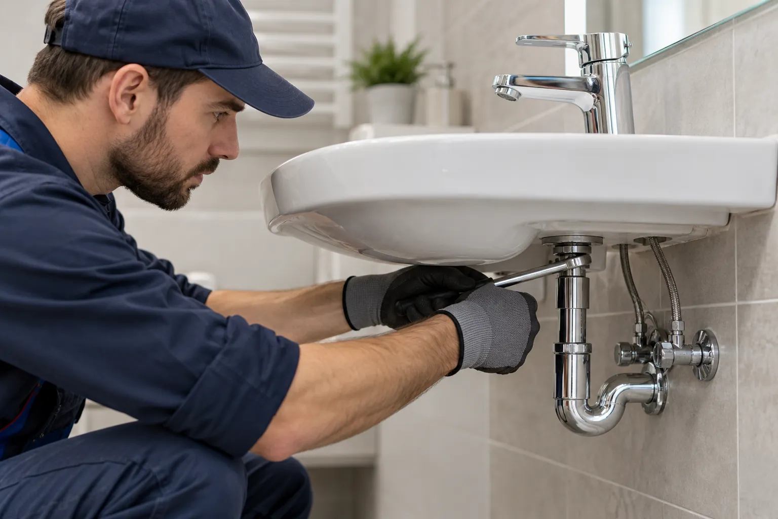 Plumber fitting a new chrome tap to a bathroom basin