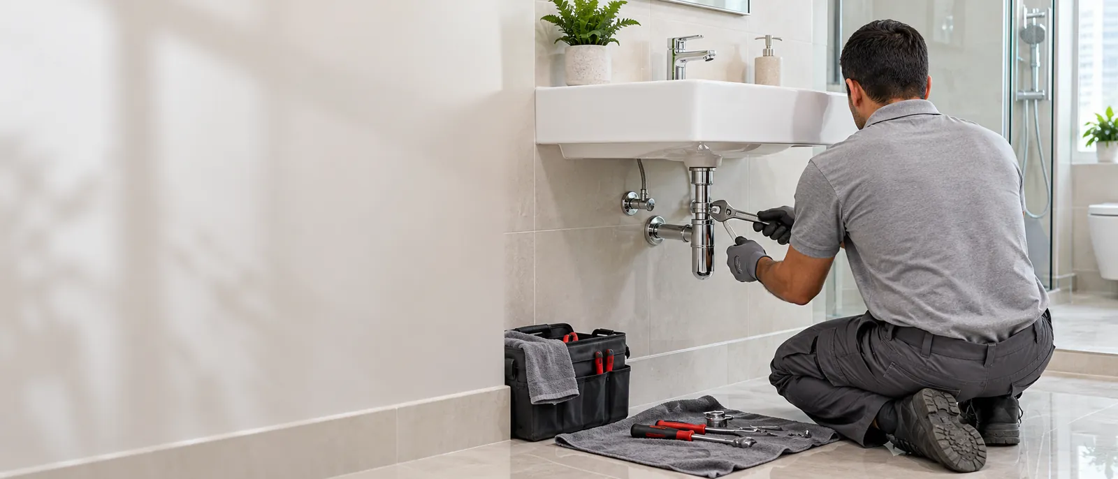 Plumber repairing the waste trap under a wall-hung bathroom basin