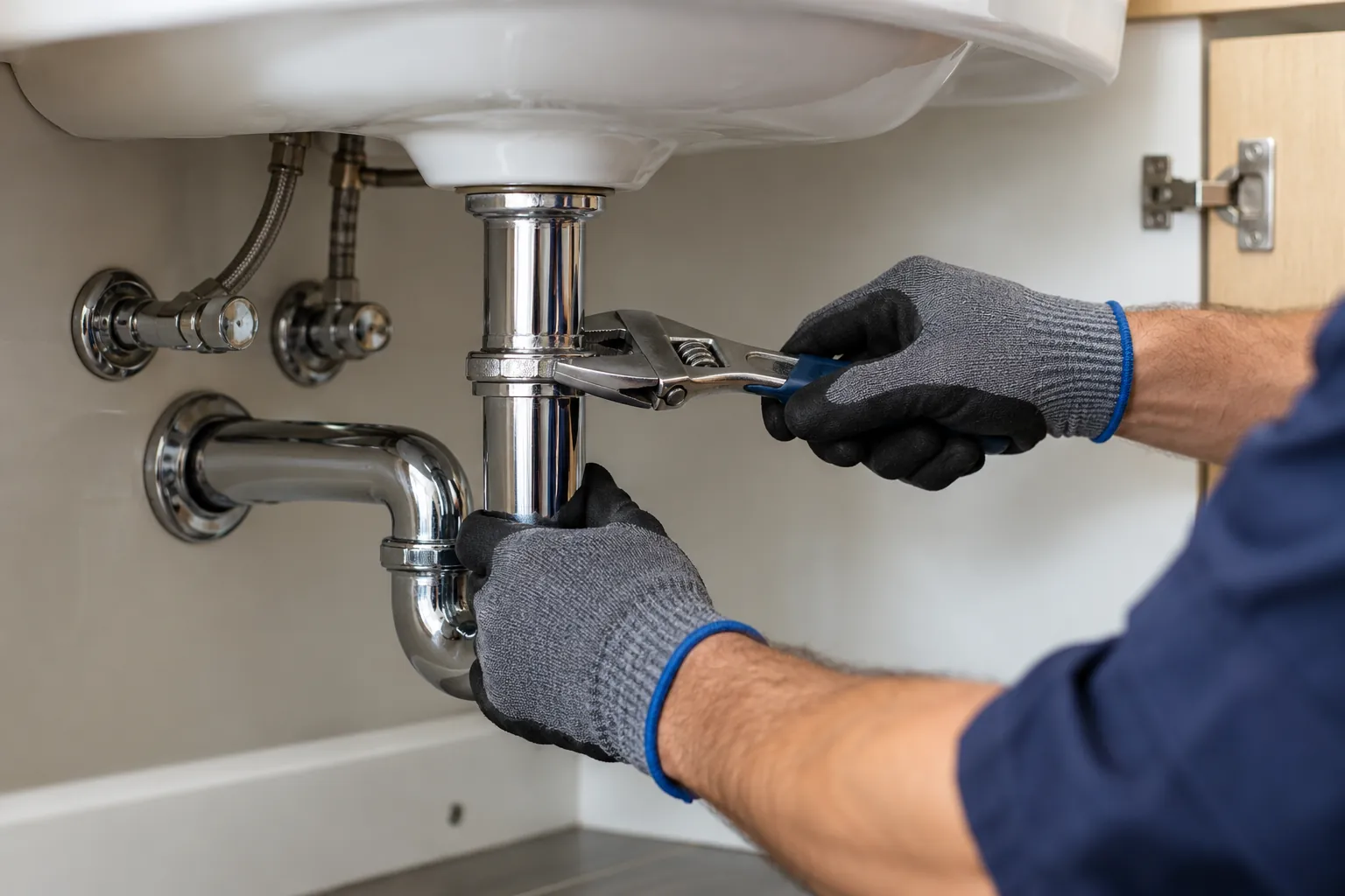 Plumber in gloves tightening a chrome sink trap under a basin
