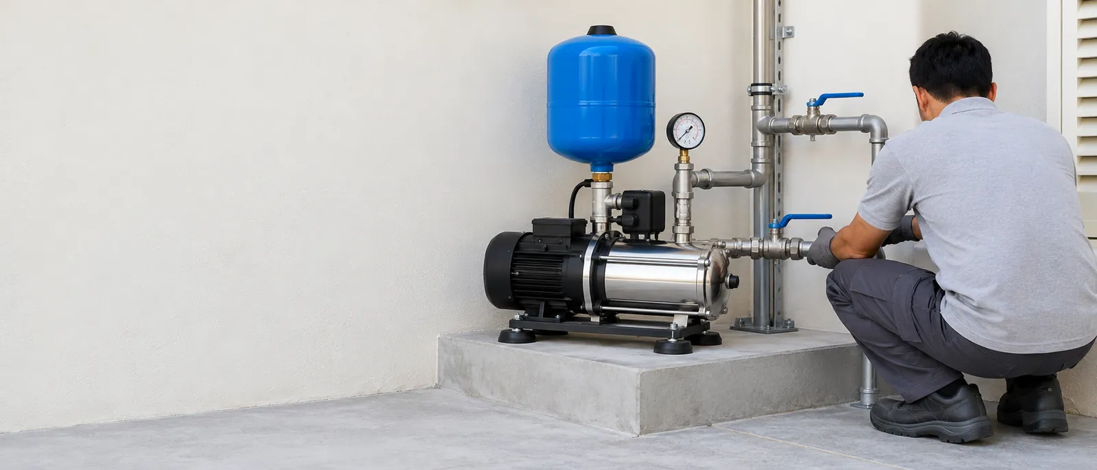 Technician installing a residential booster pump with a pressure vessel