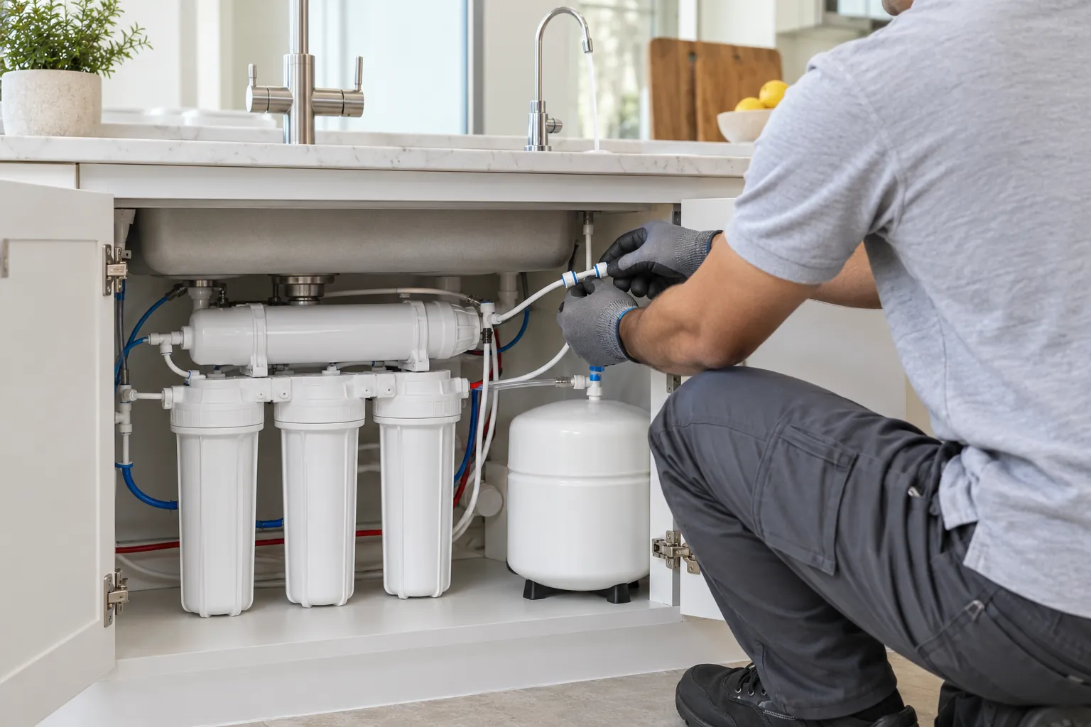 Technician installing a reverse osmosis drinking water system under a kitchen sink