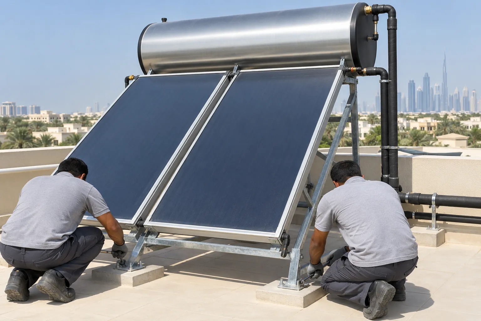 Two technicians installing a flat-plate solar water heater on a UAE rooftop