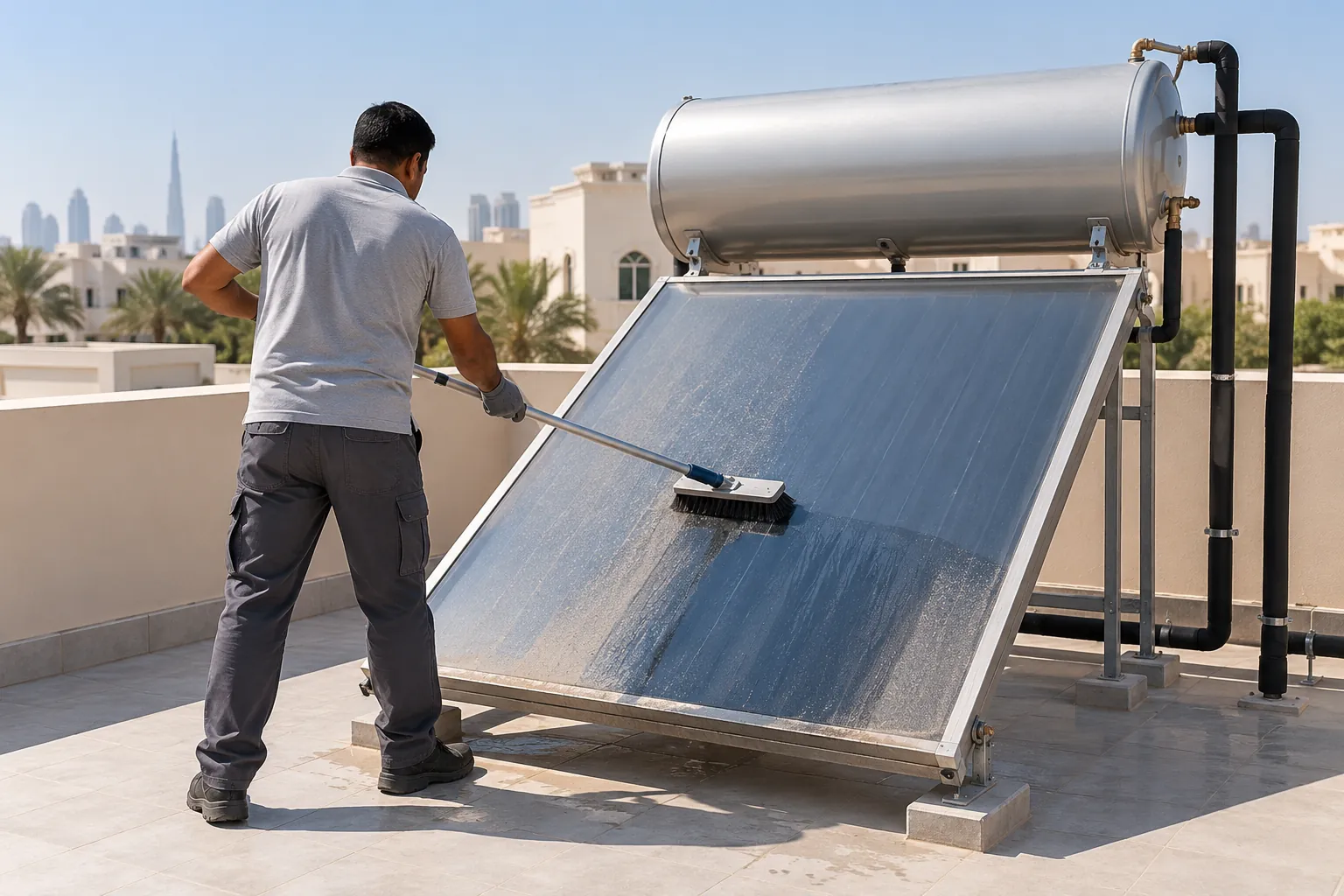 Technician cleaning the collector of a rooftop solar water heater