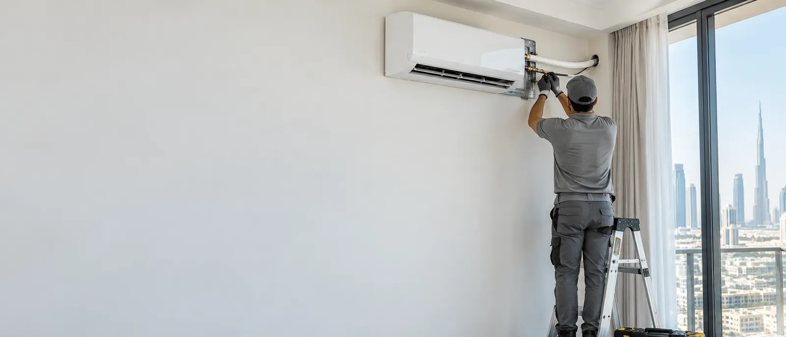 Technician installing a split AC indoor unit in a Dubai apartment