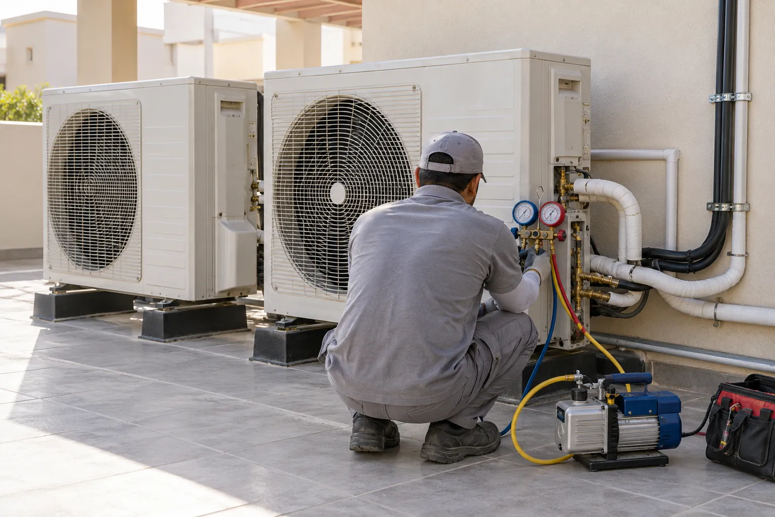 Technician servicing two villa AC condensers with gauges and a vacuum pump
