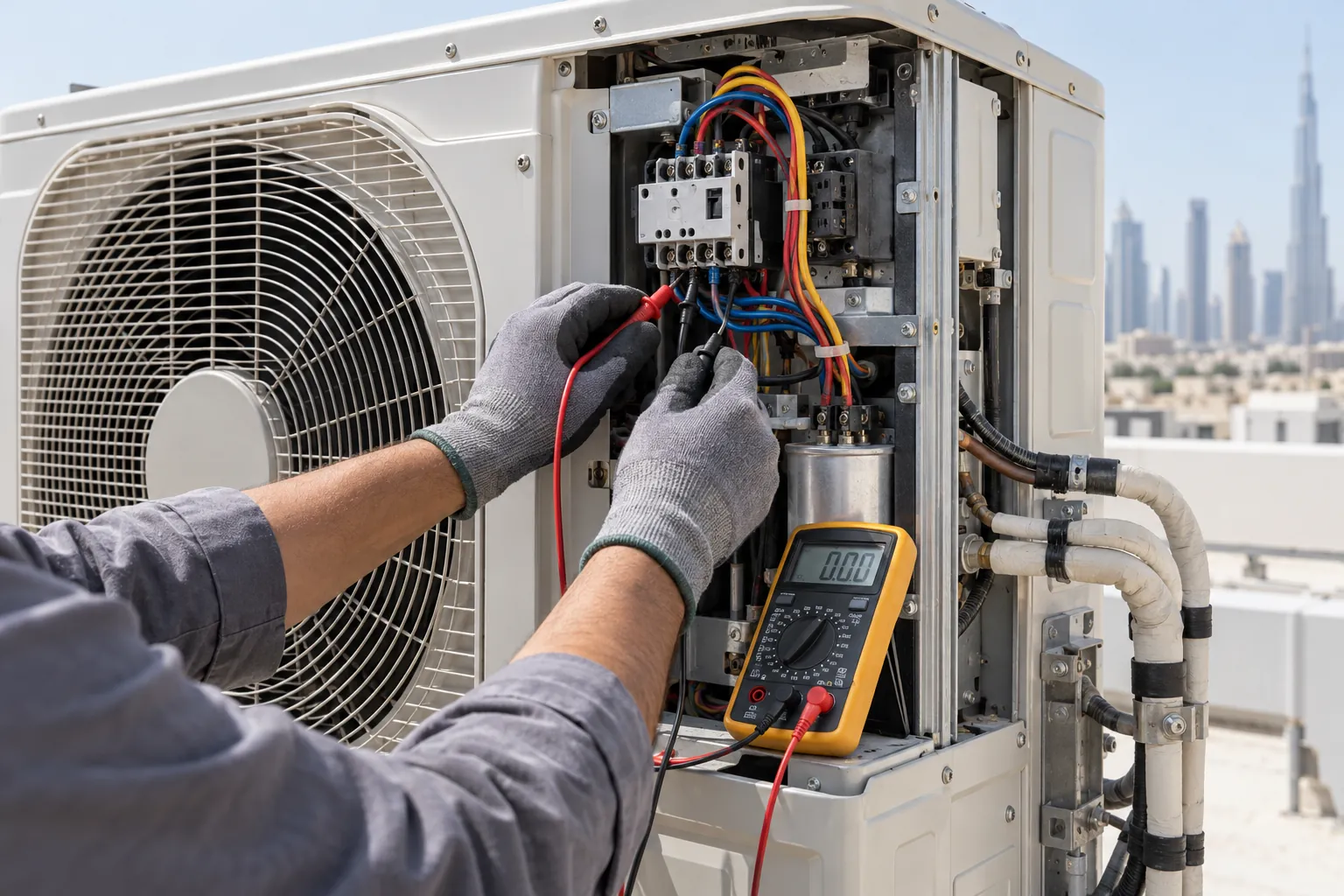 Technician testing the electrics of an outdoor AC condenser with a multimeter