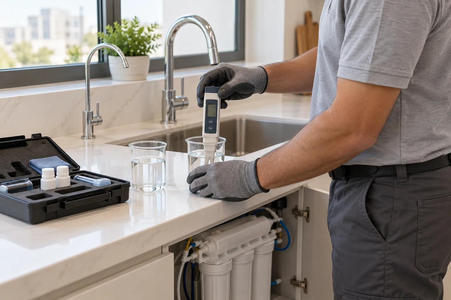 Technician testing tap water quality with a meter at a kitchen counter