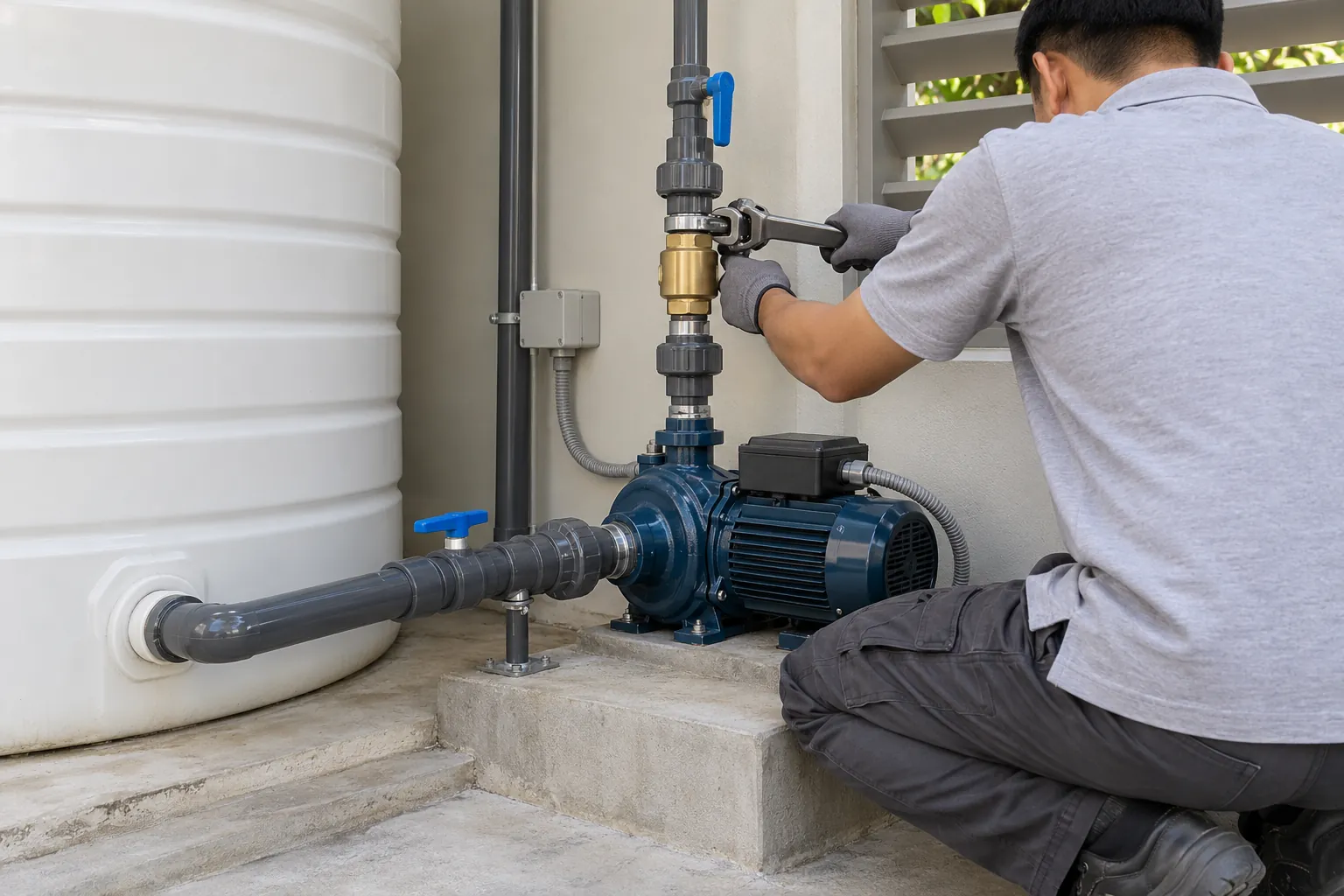 Technician installing a transfer pump beside a water storage tank