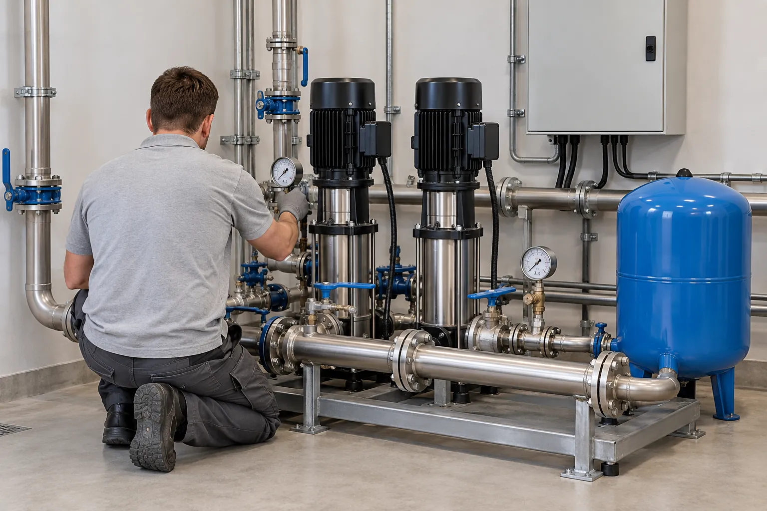 Technician commissioning a twin vertical booster pump set with pressure vessel