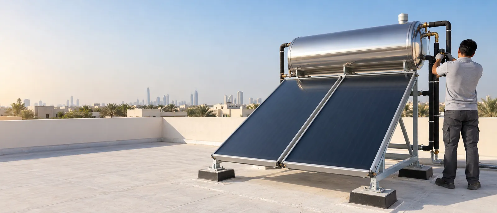 Technician checking a flat-plate solar water heater on a villa rooftop