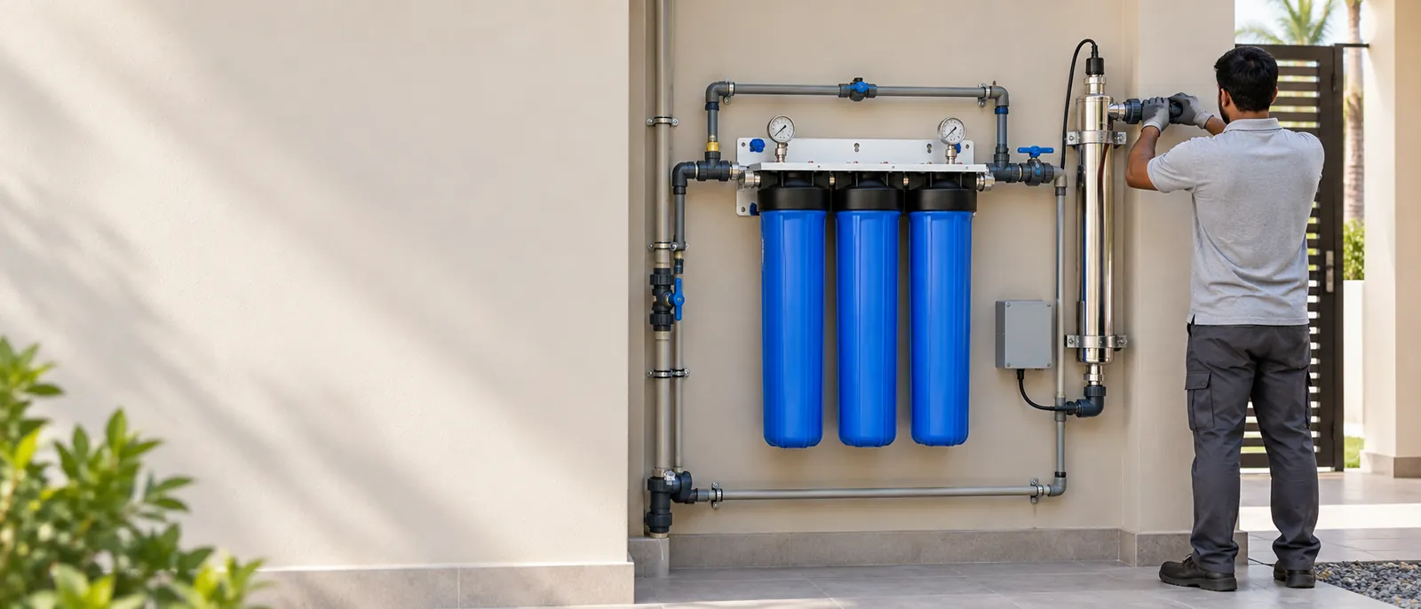 Technician servicing a three-stage whole-house water filtration system on a villa wall
